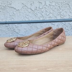 Tori Burch Tan Quilted Flats with Gold Logo